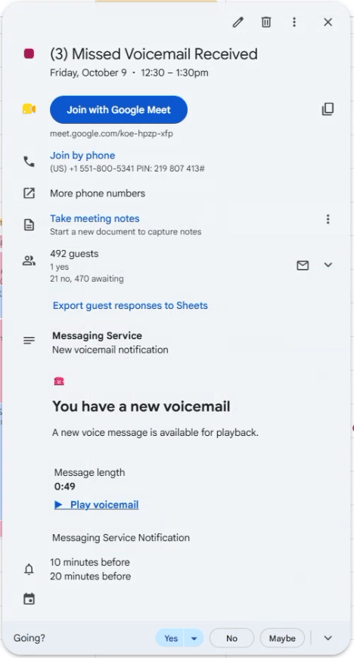 screenshot of calendar invite phishing account compromise